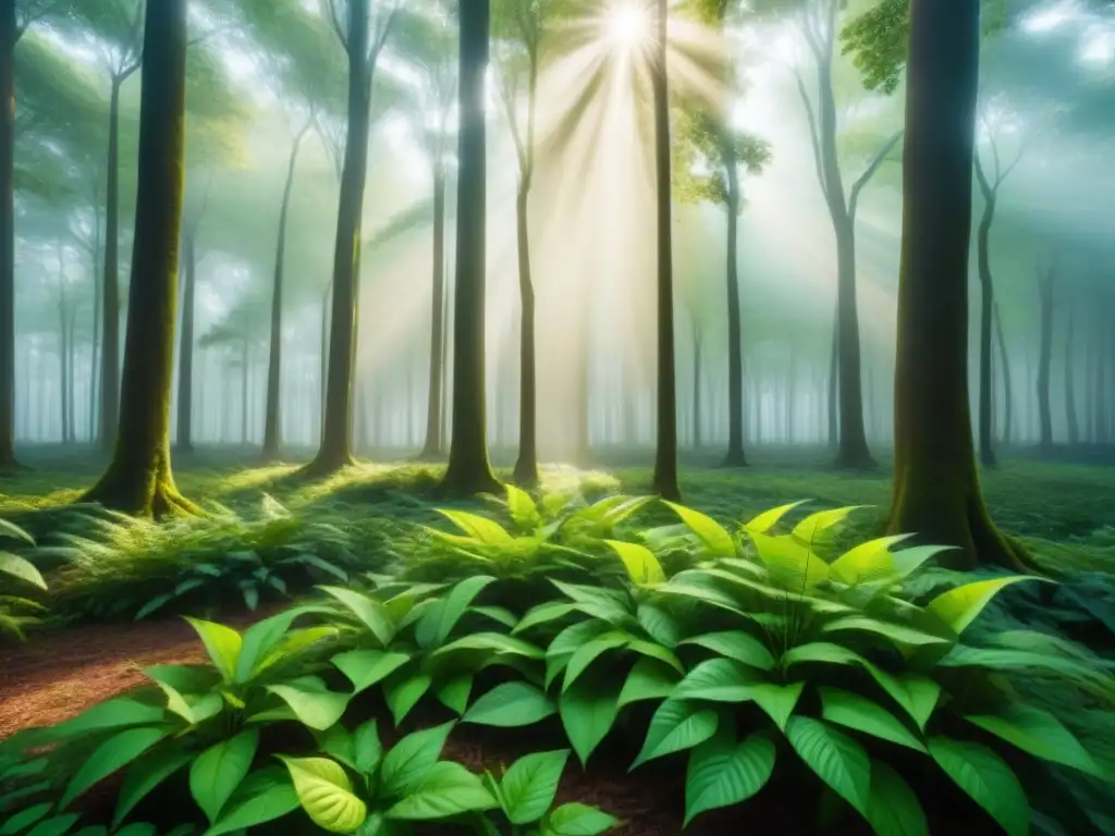 Un bosque exuberante con rayos de sol filtrándose entre las copas de los árboles, resaltando la biodiversidad