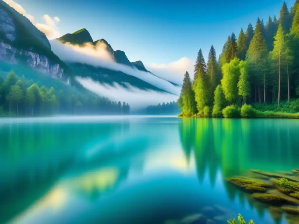 Bosque verde reflejado en lago cristalino: belleza y sostenibilidad Un bosque exuberante reflejado en un lago cristalino, colores vibrantes contrastando con la calma del agua