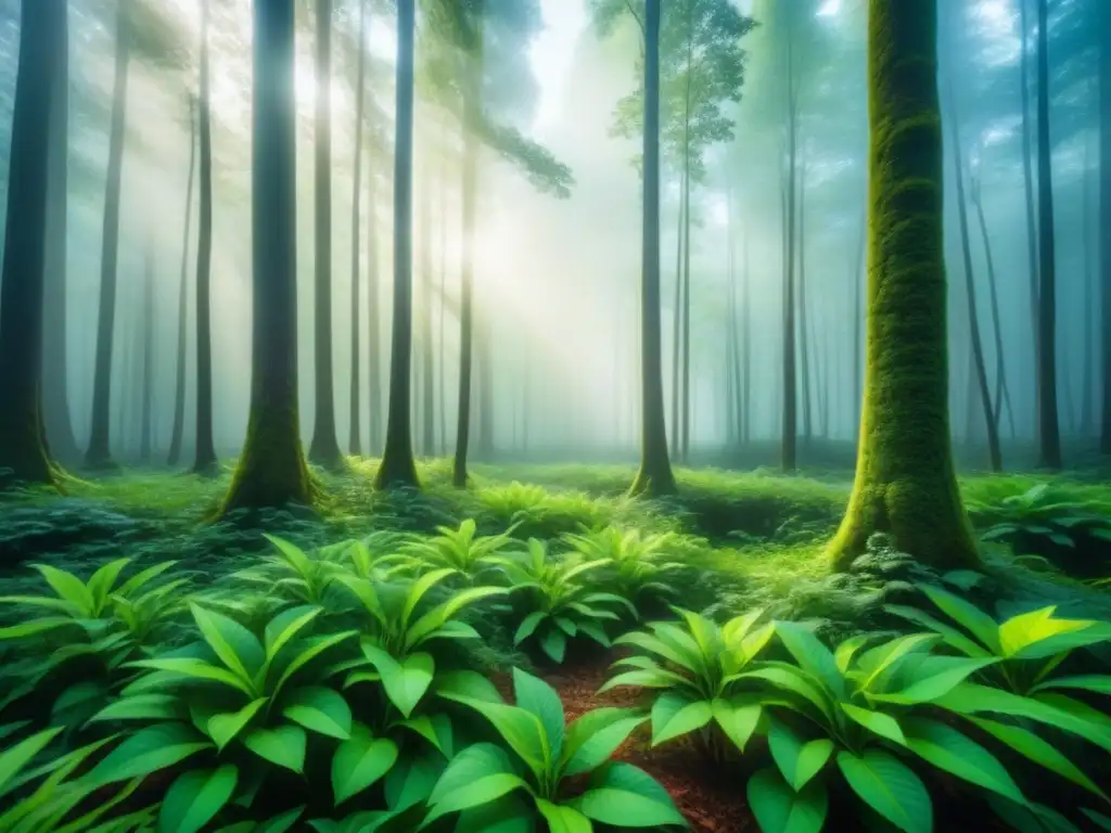 Un bosque exuberante y sereno con luz solar filtrándose entre las hojas, resaltando plantas vibrantes