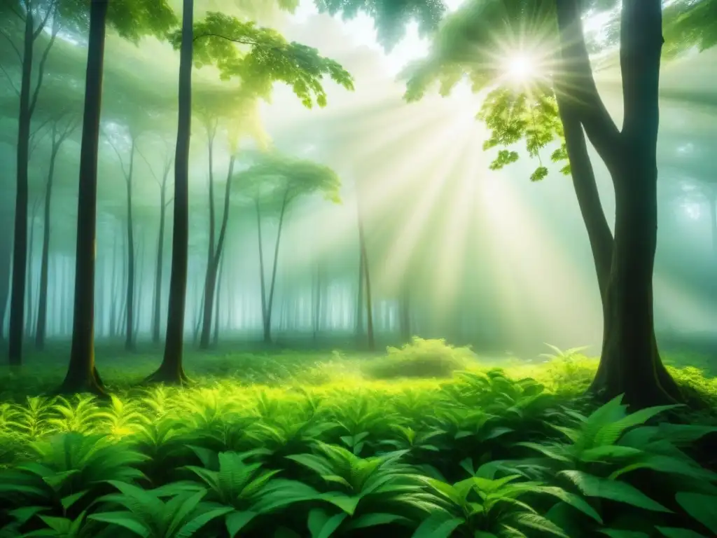 Un bosque exuberante y sereno con luz filtrándose entre las hojas, mostrando la belleza de la naturaleza y la sostenibilidad de los modelos de negocio