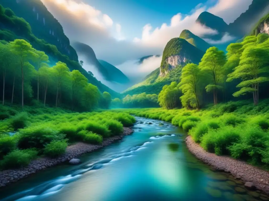 Un bosque exuberante y virgen con un arroyo cristalino, reflejando la naturaleza vibrante y el cielo azul