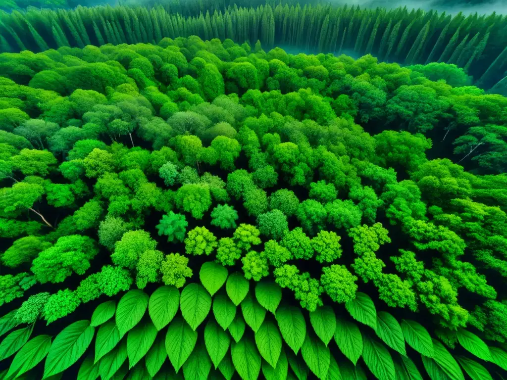 Un bosque exuberante visto desde arriba, con detalles verdes y vida oculta entre las hojas