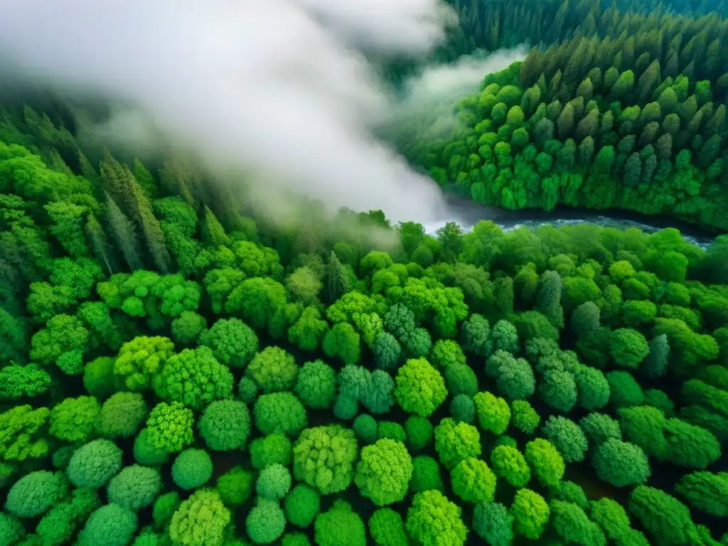 Un bosque exuberante visto desde arriba por un satélite de alta resolución, destacando detalles variados y tonos verdes