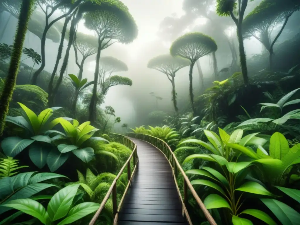 Un bosque lluvioso exuberante con plantas y animales, mostrando la biodiversidad en un diseño elegante