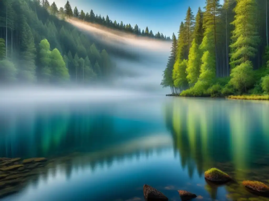 Un bosque prístino reflejado en un lago sereno, rodeado de vegetación exuberante bajo un cielo azul claro