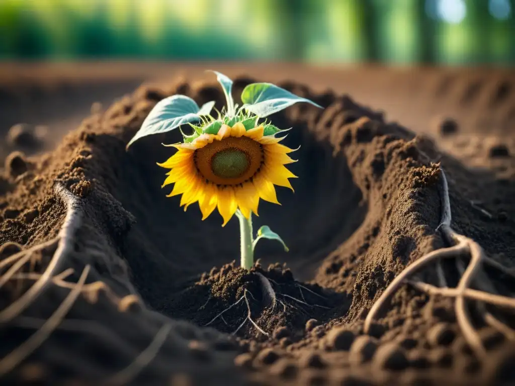 Un bosque de raíces entrelazadas de girasoles, sauces y álamos, absorbiendo contaminantes del suelo