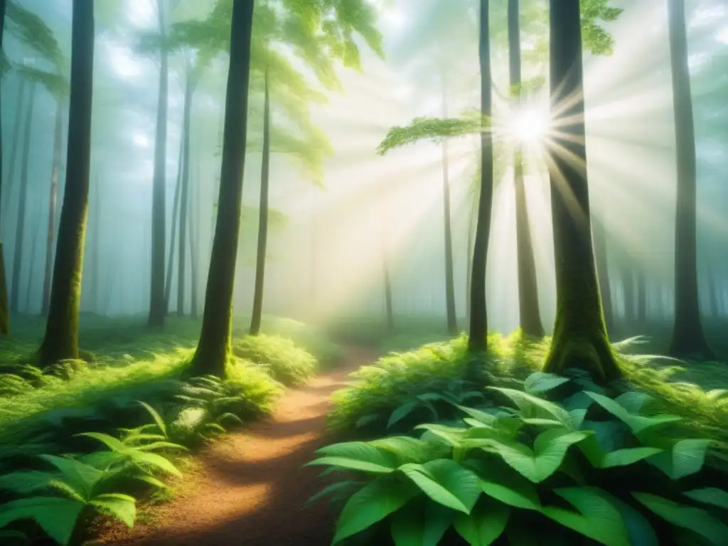 Un bosque sereno y exuberante con luz solar filtrándose a través del dosel, iluminando el suelo del bosque