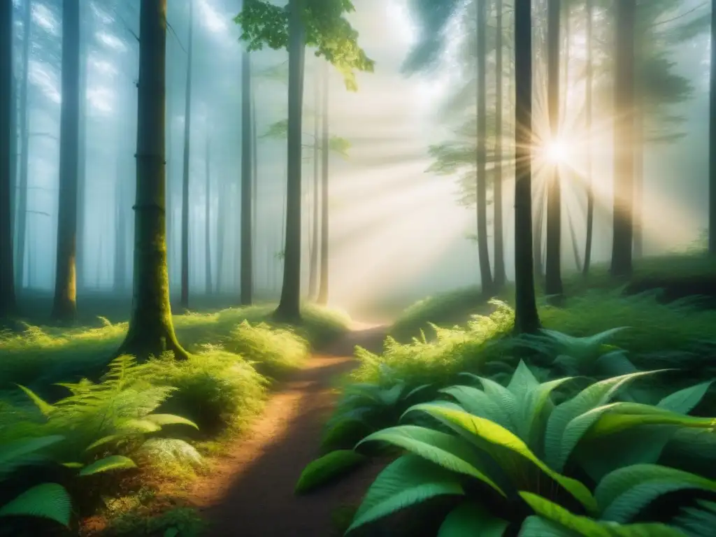 Un bosque sereno iluminado por el sol, reflejando la belleza natural y el impacto del biopackaging en consumidores