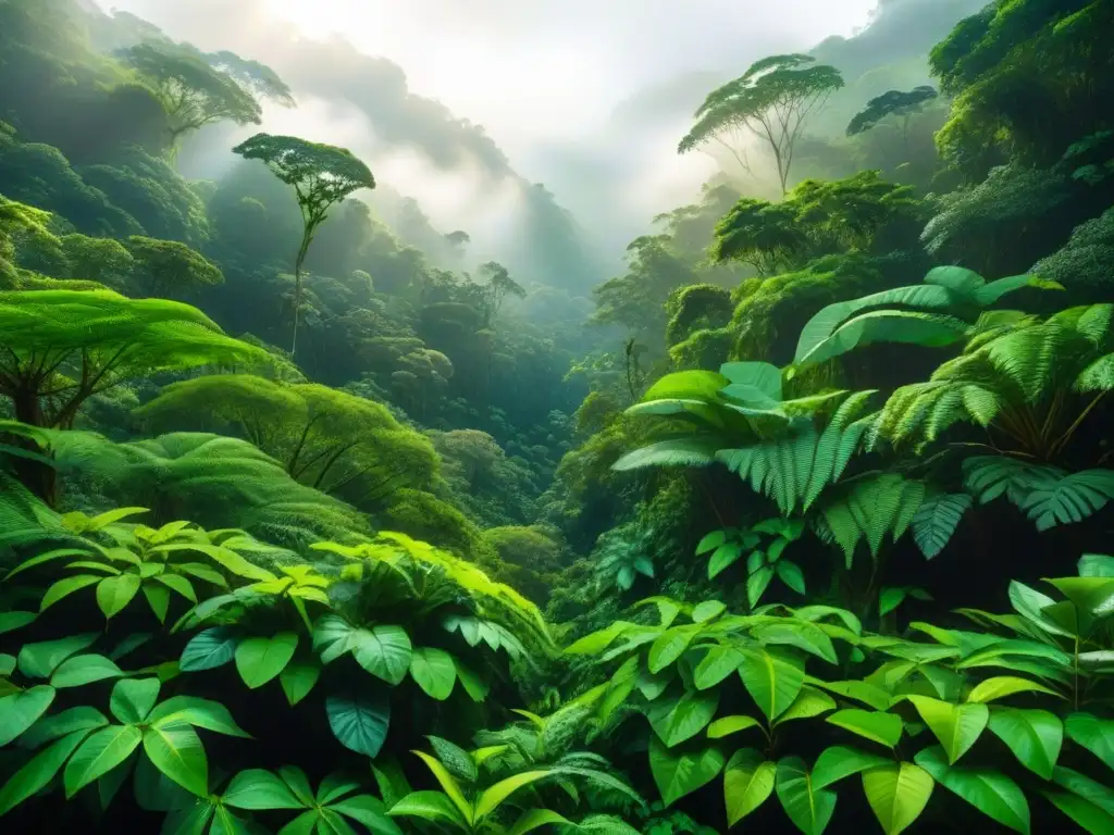 Un bosque tropical exuberante visto desde arriba, con una red de hojas, ramas y plantas vibrantes