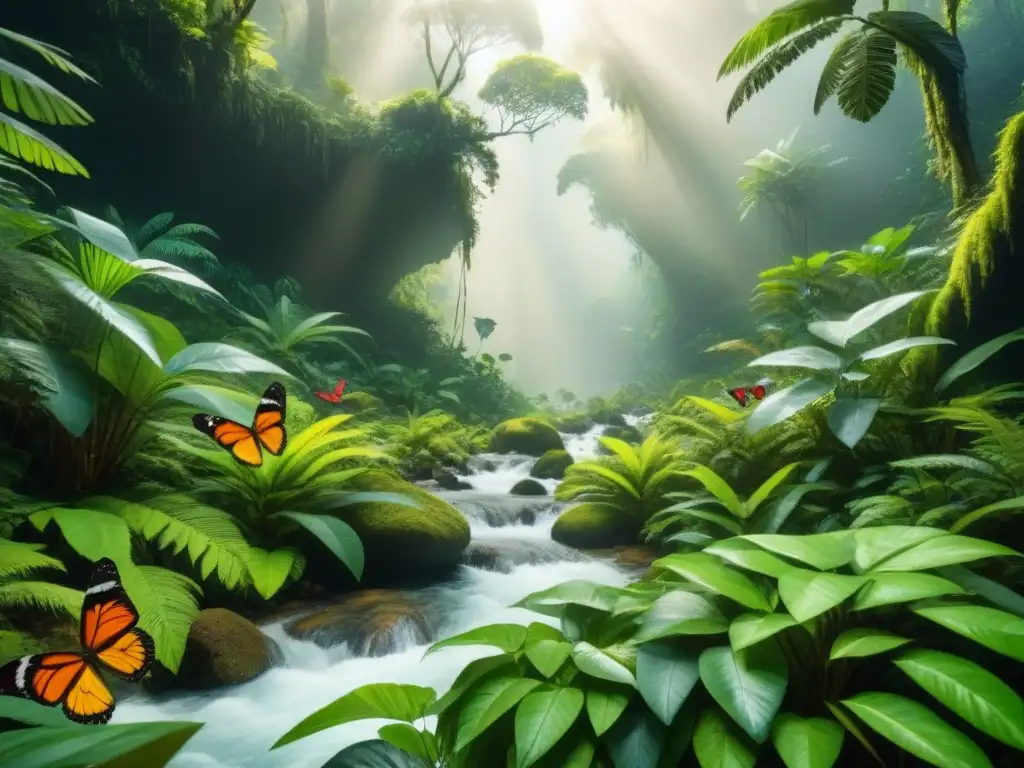Selva exuberante en 8k: biodiversidad y armonía Un bosque tropical vibrante y exuberante con un arroyo cristalino
