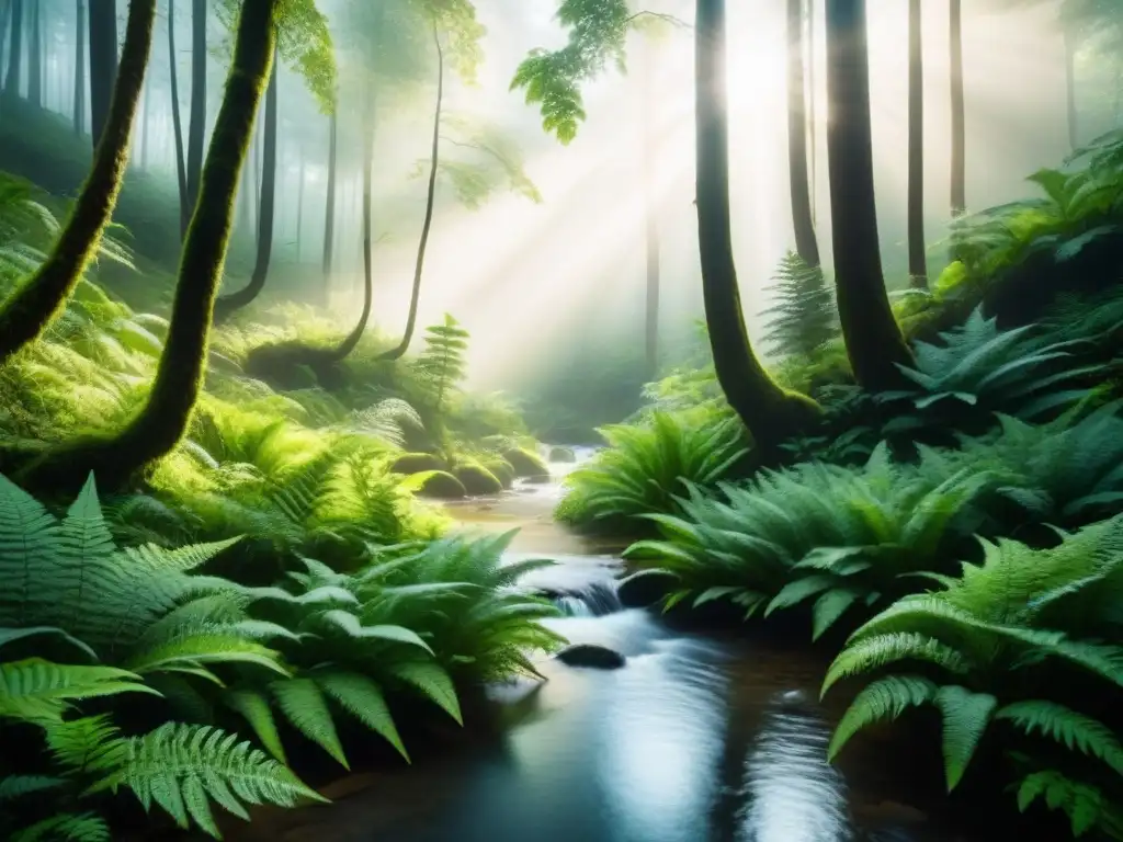 Bosque verde con árboles, helechos y arroyo