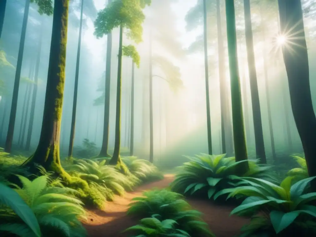 Bosque verde con árboles sintéticos y naturales, reflejando la coexistencia entre organismos sintéticos y la naturaleza