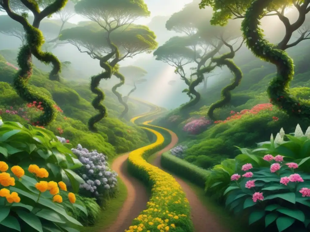 Un bosque verde con dos caminos: uno de flores vibrantes y otro de elementos orgánicos, simbolizando dos estrategias de marketing