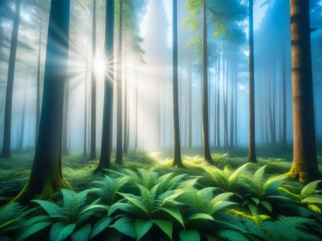 Un bosque verde exuberante con árboles majestuosos bajo un cielo azul
