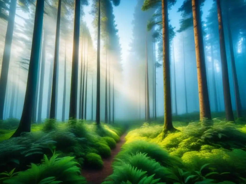 Bosque verde exuberante bajo un cielo azul claro, mostrando la armonía de la naturaleza y los beneficios ambientales de los biocombustibles