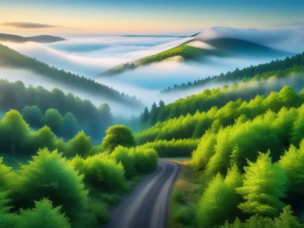 Un bosque verde exuberante bajo un cielo azul, reflejando la belleza natural y la tecnología de captura de carbono para la sostenibilidad