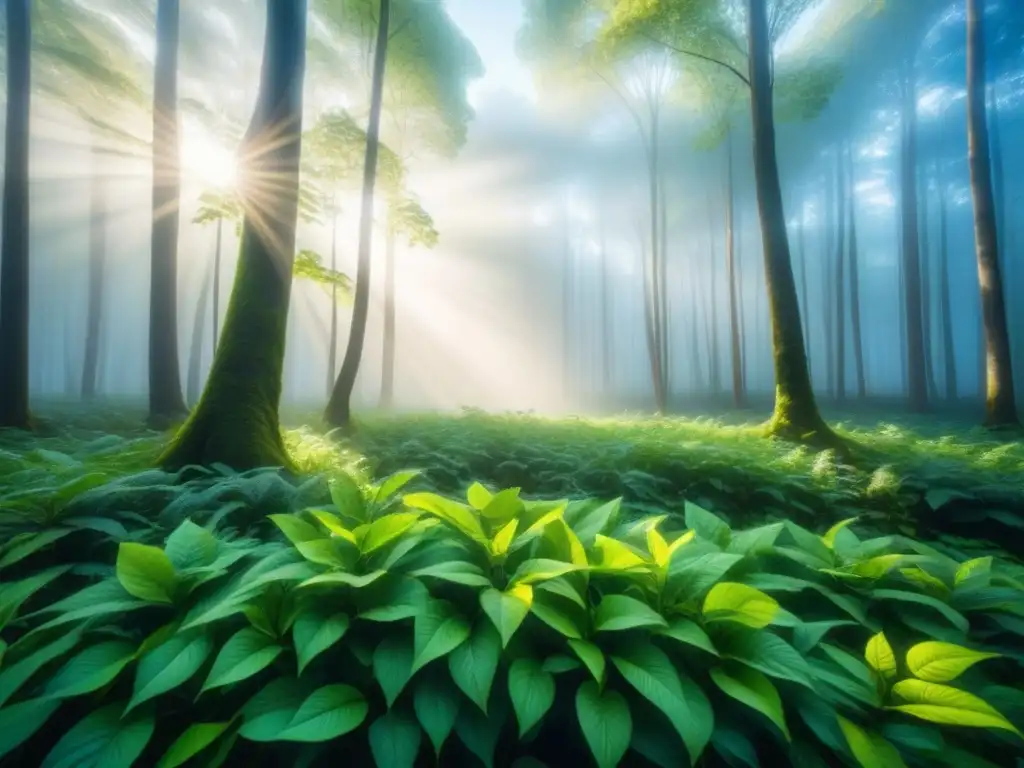 Un bosque verde exuberante bajo un cielo azul claro, con la luz del sol filtrándose entre las hojas, creando una atmósfera serena y armoniosa