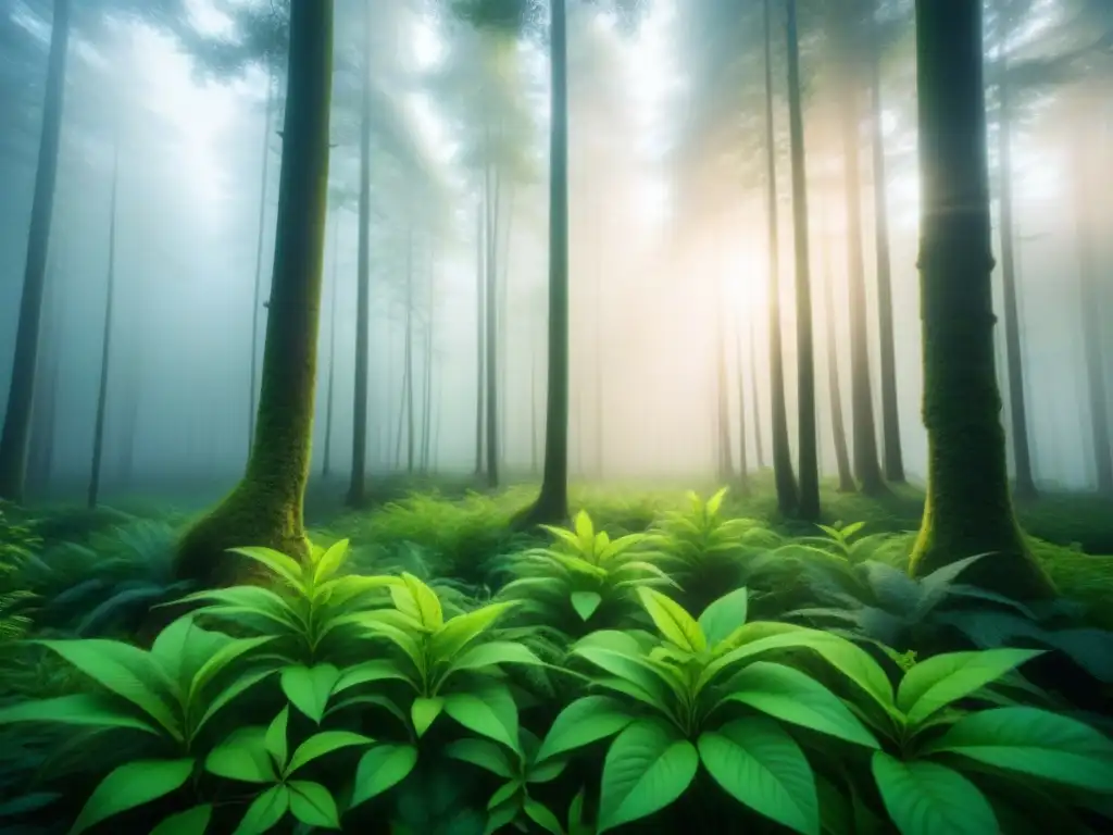 Un bosque verde exuberante con detalles de biocatalizadores en química verde integrados en las hojas y ramas