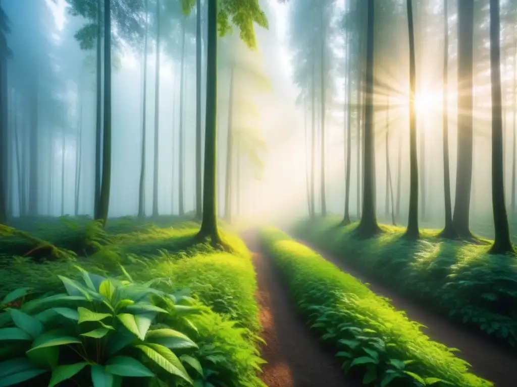 Un bosque verde exuberante iluminado por el sol, reflejando la armonía de la industria biotecnológica sostenible y verde