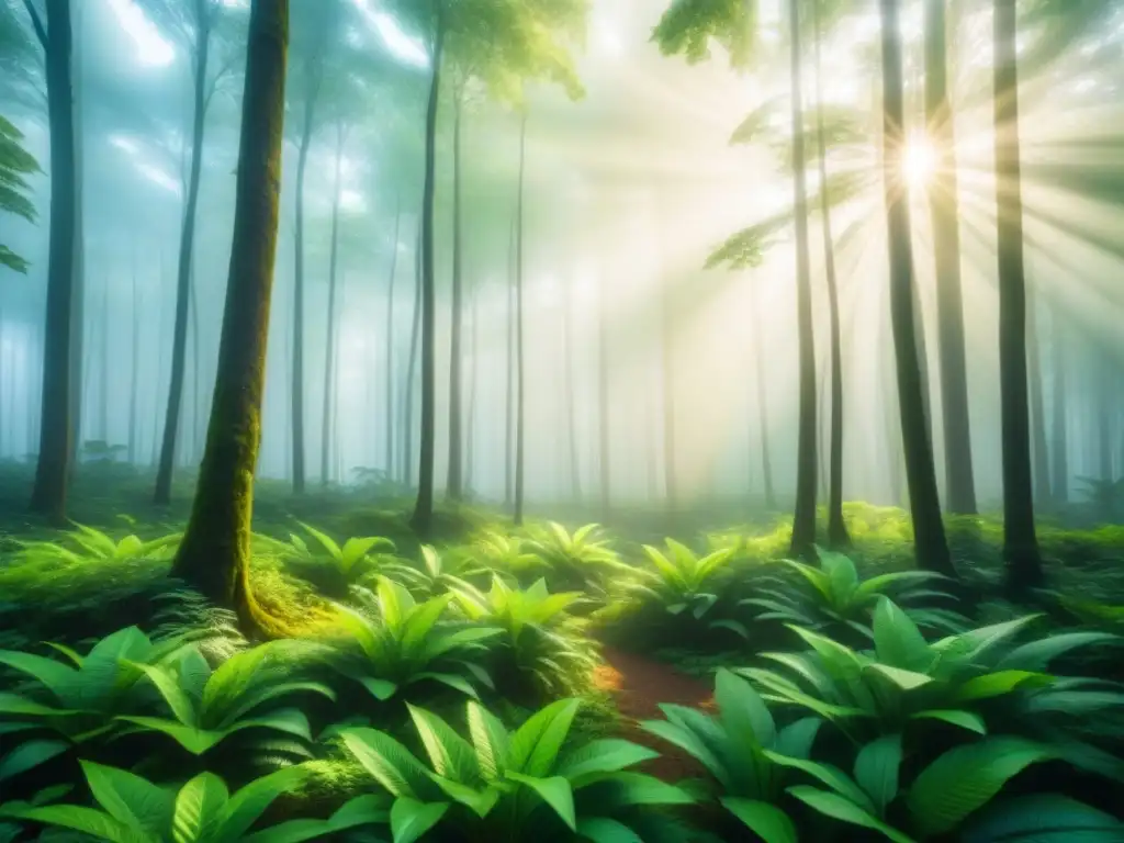 Un bosque verde exuberante iluminado por la luz del sol, reflejando la sostenibilidad y crecimiento de modelos de negocio sostenibles