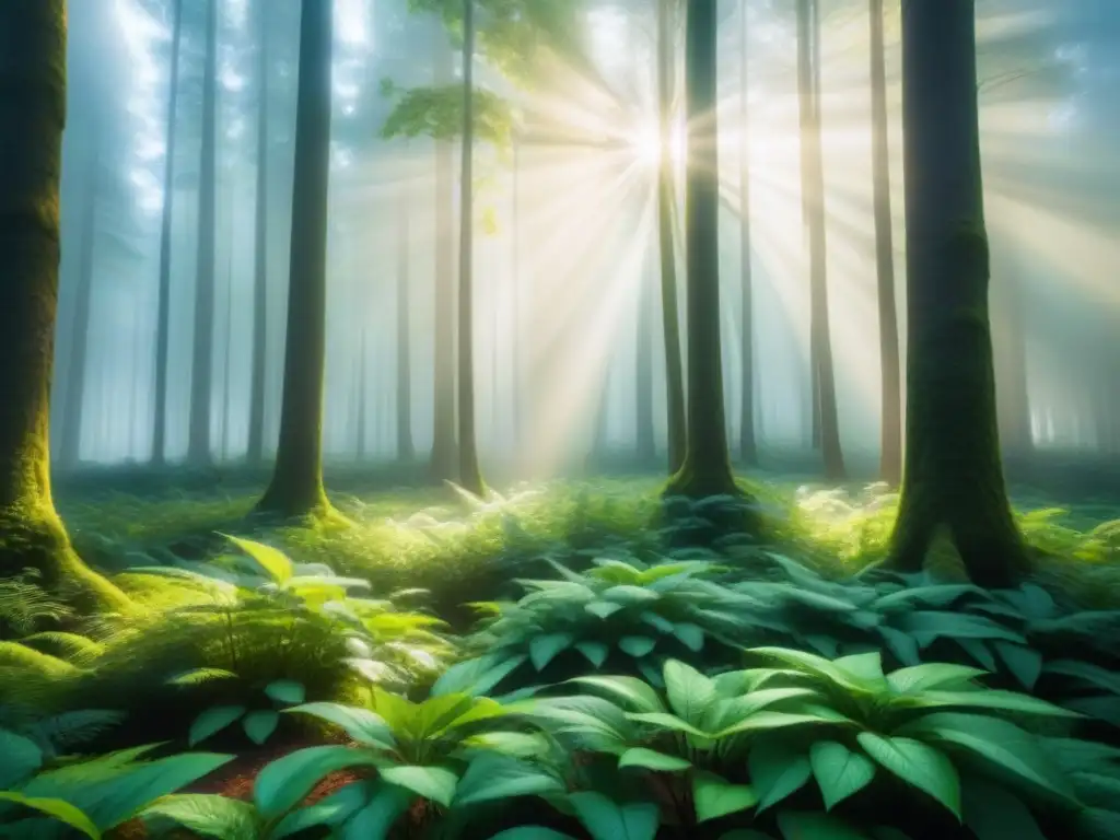 Un bosque verde exuberante iluminado por el sol, transmitiendo paz y serenidad