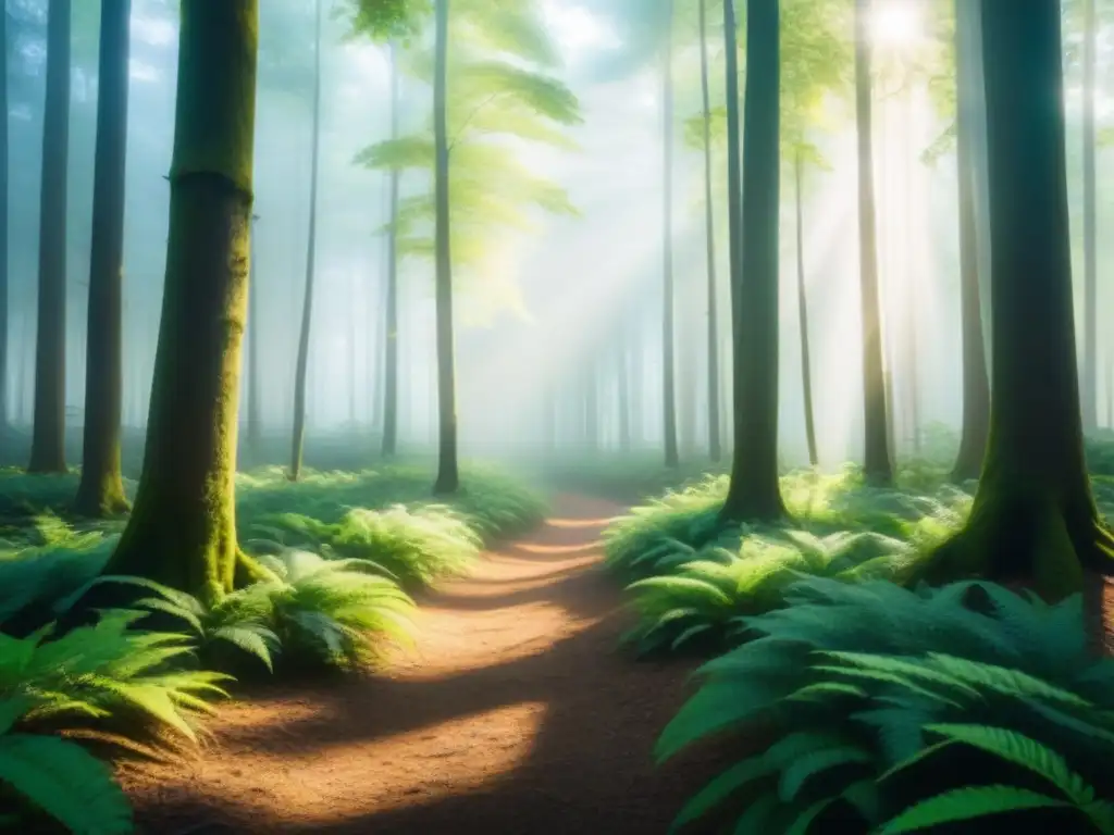 Un bosque verde exuberante iluminado por rayos de sol, transmitiendo tranquilidad y armonía con la naturaleza