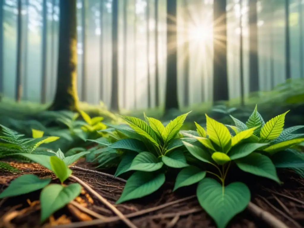 Un bosque verde exuberante iluminado por el sol, con sombras y detalles naturales, evocando serenidad y conexión con la naturaleza