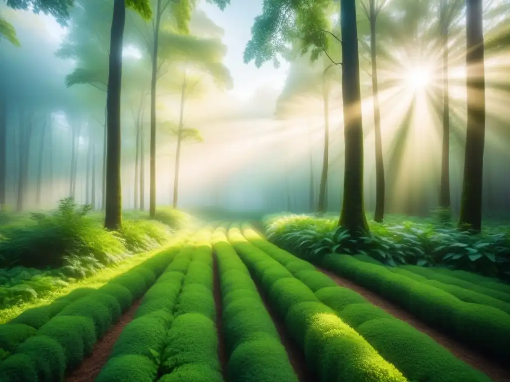 Un bosque verde exuberante iluminado por el sol, transmitiendo tranquilidad y sostenibilidad con Química verde alternativas sostenibles