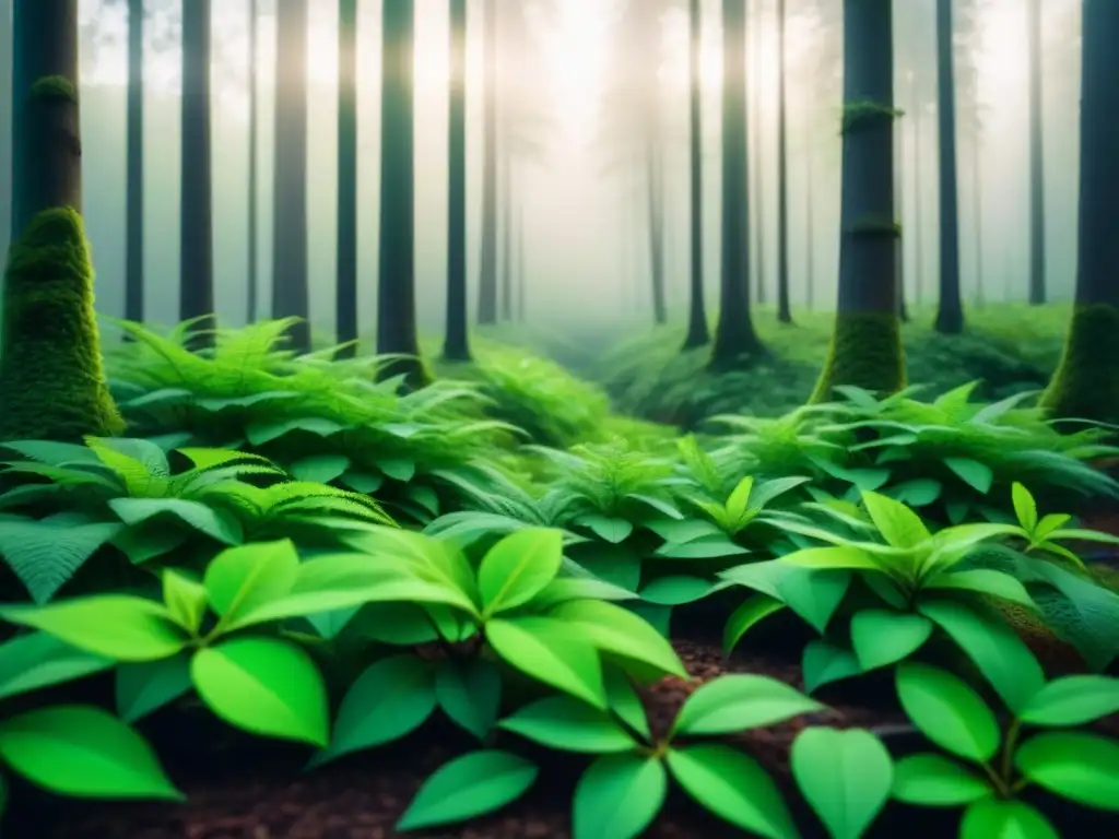 Un bosque verde exuberante con nanochips integrados en hojas y ramas, simbolizando la relación armoniosa entre tecnología sostenible y naturaleza