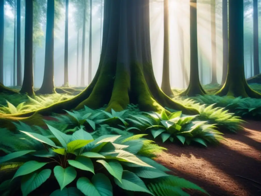 Un bosque verde exuberante con luz solar filtrándose entre las hojas, destacando un árbol majestuoso