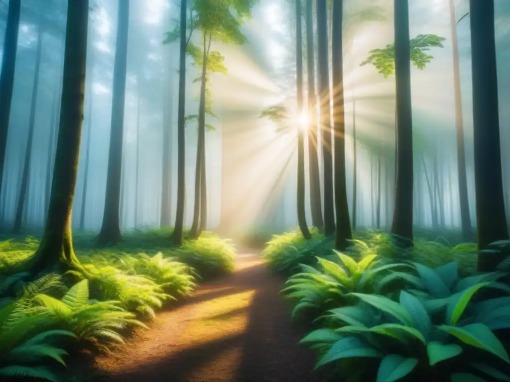 Un bosque verde exuberante con luz solar filtrándose entre las hojas, creando sombras en el suelo del bosque