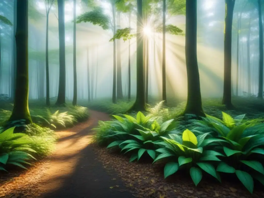 Un bosque verde exuberante con luz filtrándose entre las hojas, creando sombras en el suelo