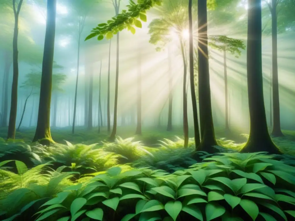 Un bosque verde exuberante, con luz filtrándose entre las hojas, transmitiendo tranquilidad y belleza natural