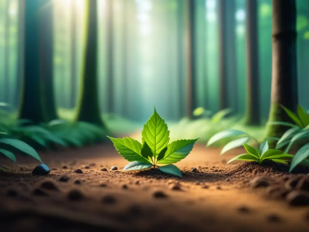 Bosque verde exuberante con luz filtrándose entre las hojas, proyectando sombras suaves