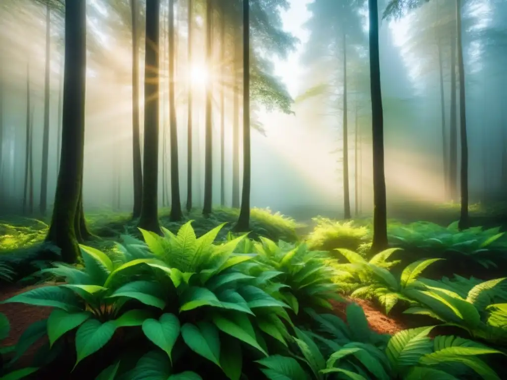 Armonía natural: bosque verde exuberante y sereno Bosque verde exuberante con luz solar entre las hojas, transmitiendo armonía y tranquilidad en la naturaleza