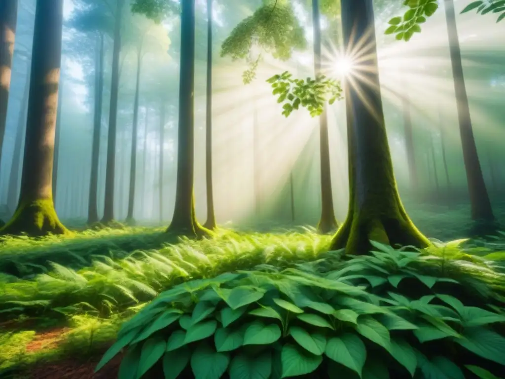 Un bosque verde exuberante con luz solar filtrándose entre el dosel, proyectando sombras moteadas en el suelo del bosque