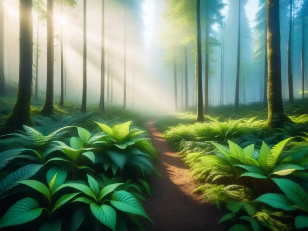 Un bosque verde exuberante, con luz filtrándose entre las hojas