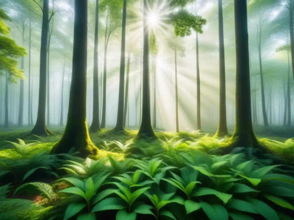 Bosque verde exuberante con luz solar filtrándose a través del dosel, creando sombras en el suelo