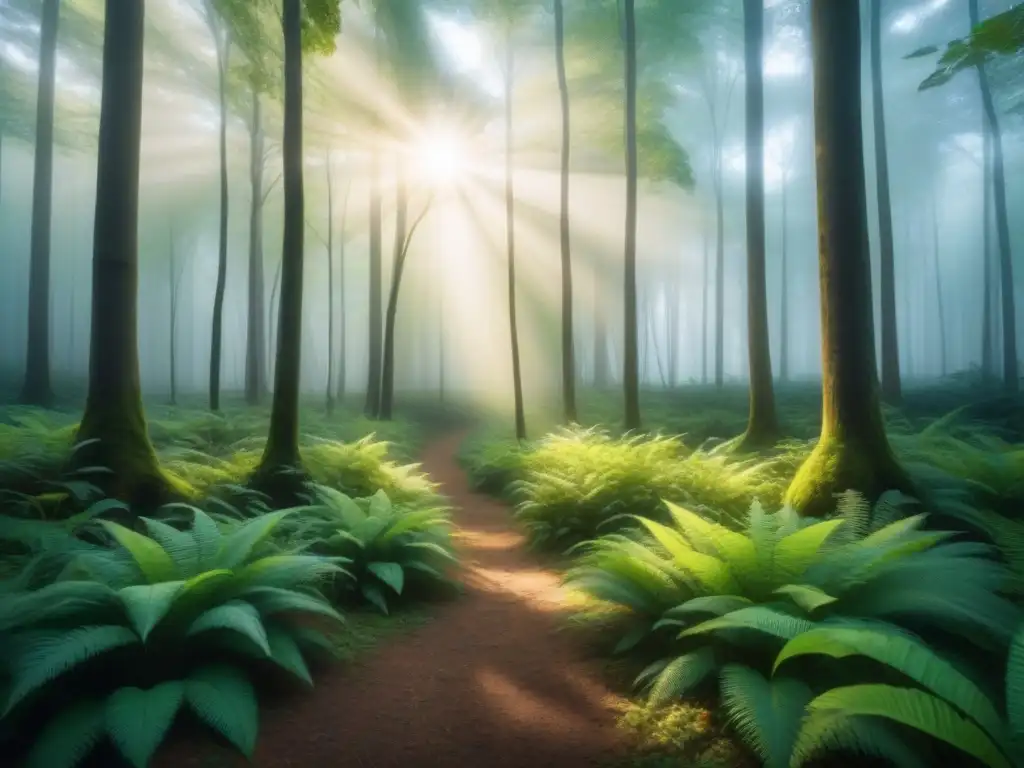 Un bosque verde exuberante con luz solar filtrándose entre las hojas