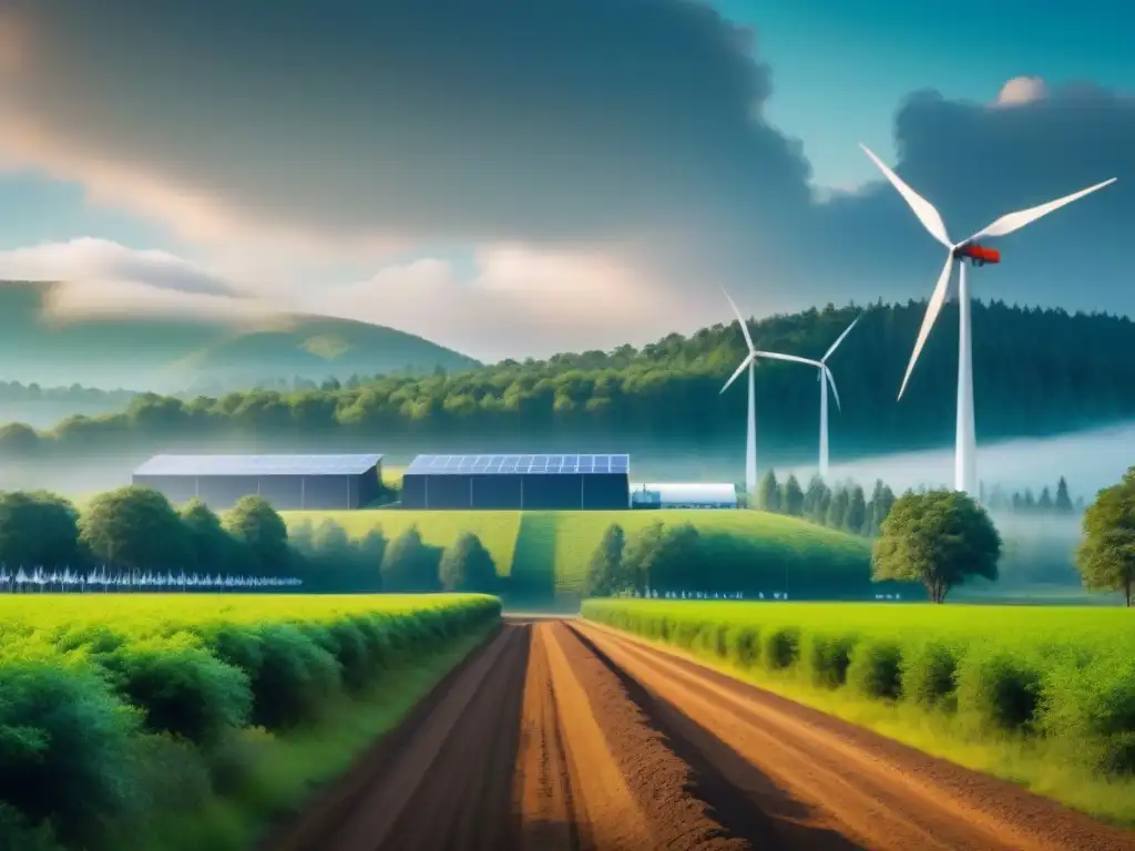 Minería ecoamigable en bosque verde: innovación sostenible Un bosque verde exuberante con una mina ecoamigable al fondo, rodeada de paneles solares y turbinas eólicas