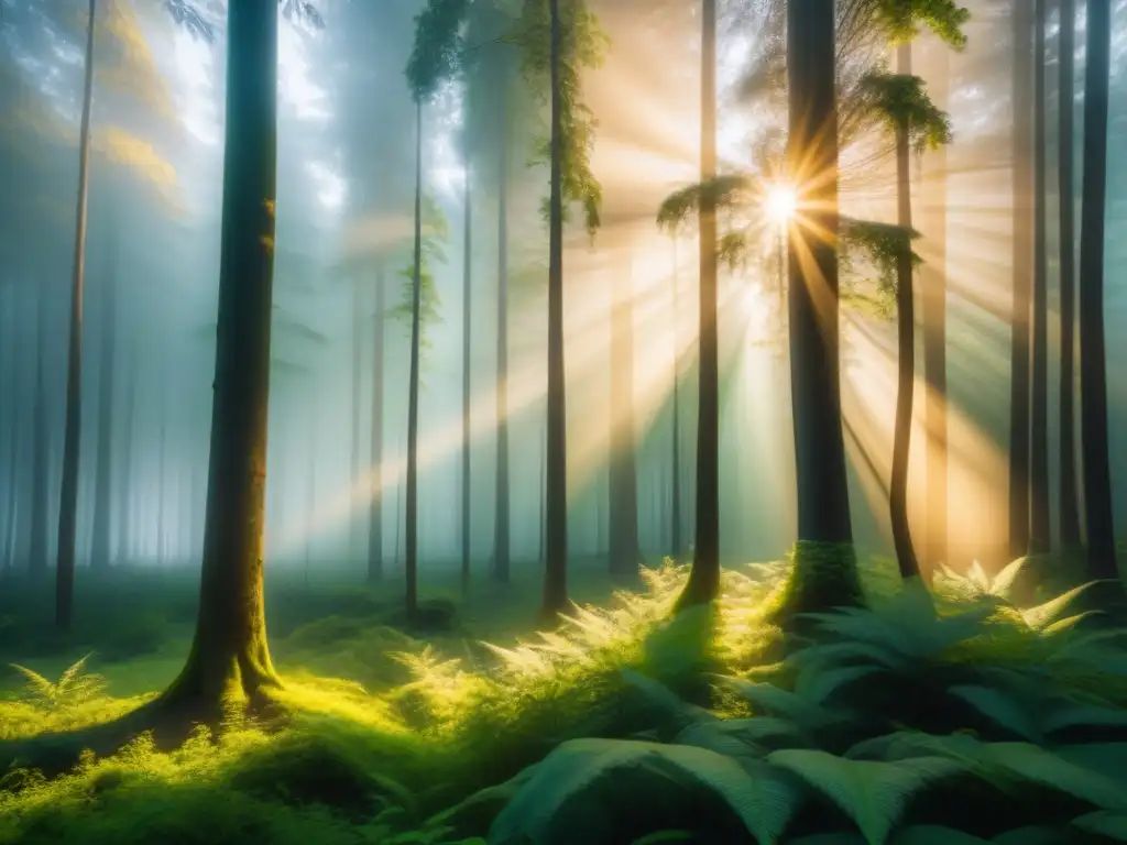 Renovación dorada: bosque sostenible al amanecer Un bosque verde exuberante al amanecer, con rayos dorados filtrándose entre los árboles