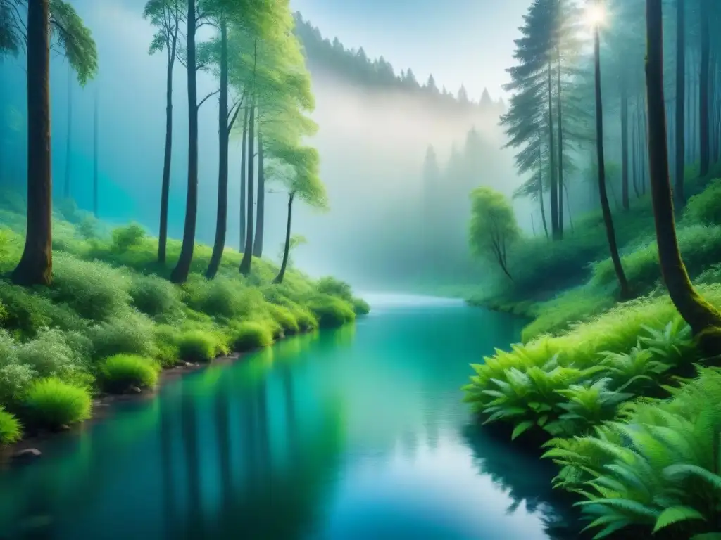 Bosque verde exuberante con río cristalino, reflejando cielo azul