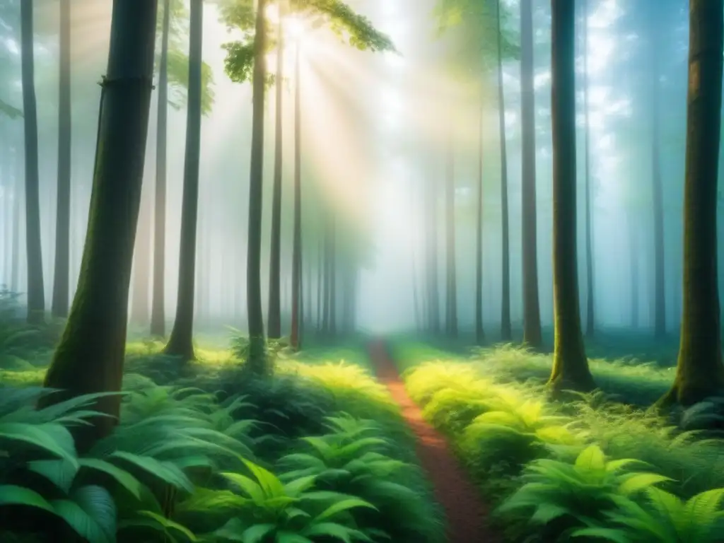 Bosque verde con luz solar filtrándose entre las hojas, creando sombras suaves en el suelo