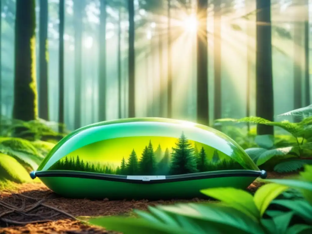 Armonía eco: plásticos biodegradables fundidos en bosque verde Bosque verde con plásticos biodegradables reducción residuos integrados armoniosamente