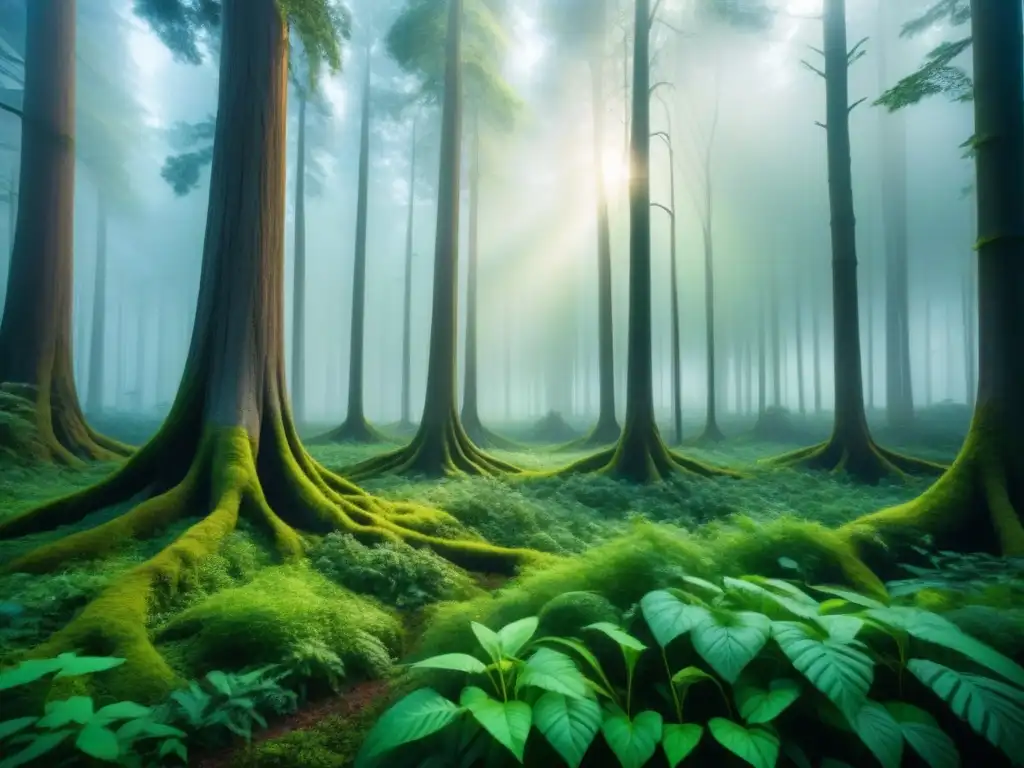 Bosque verde con raíces y tecnología, simbolizando soluciones innovadoras bioingeniería ambiental