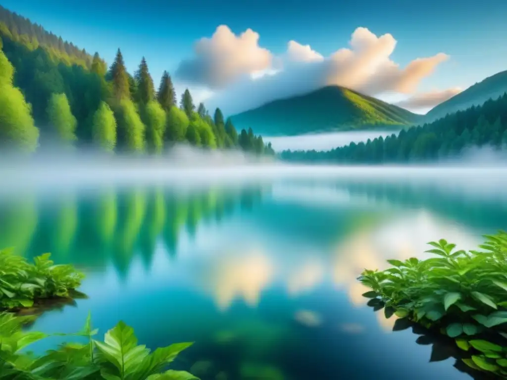 Bosque verde reflejado en lago cristalino bajo cielo azul con nubes, transmitiendo armonía y balance en formación académica de bioremediación