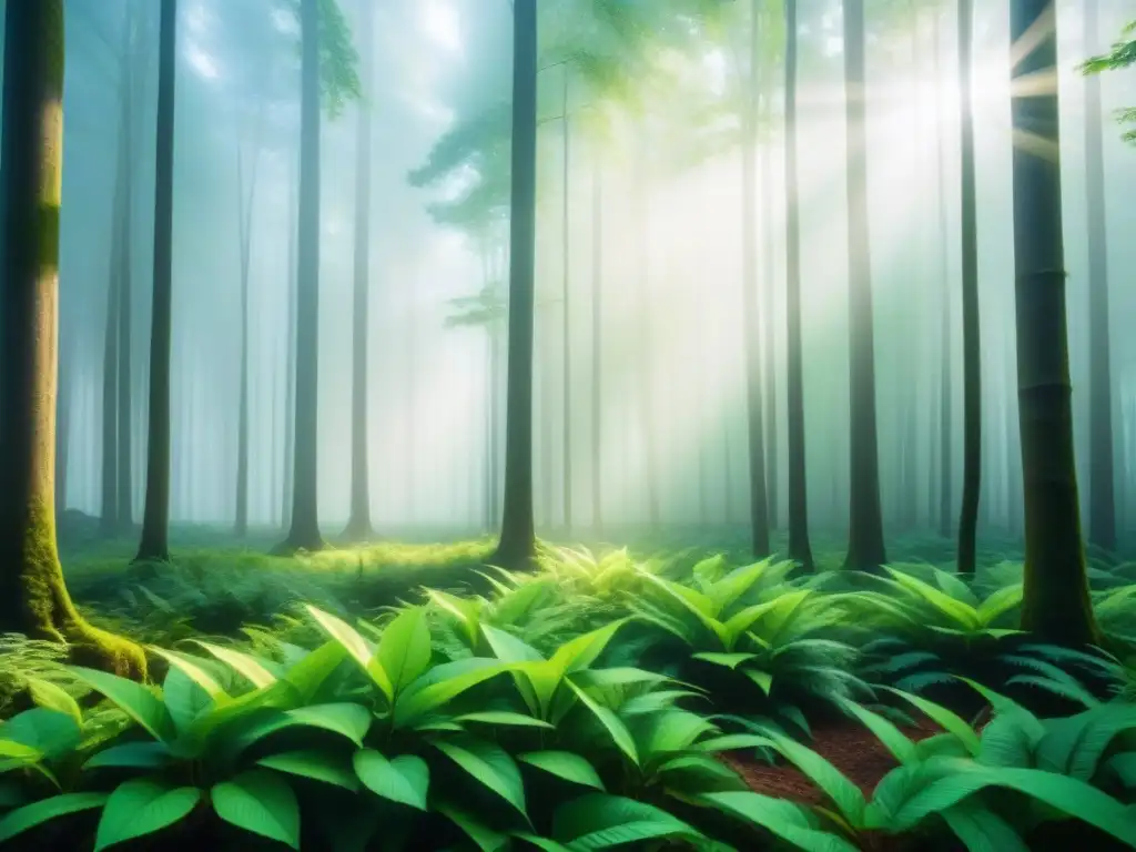 Un bosque verde sereno con luz solar filtrándose entre las hojas, muestra la captura de carbono y su impacto en la salud ambiental