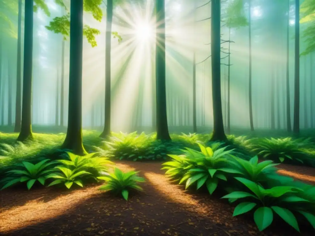 Bosque verde vibrante con luz solar entre las hojas, simbolizando la inversión en energías renovables en los mercados financieros