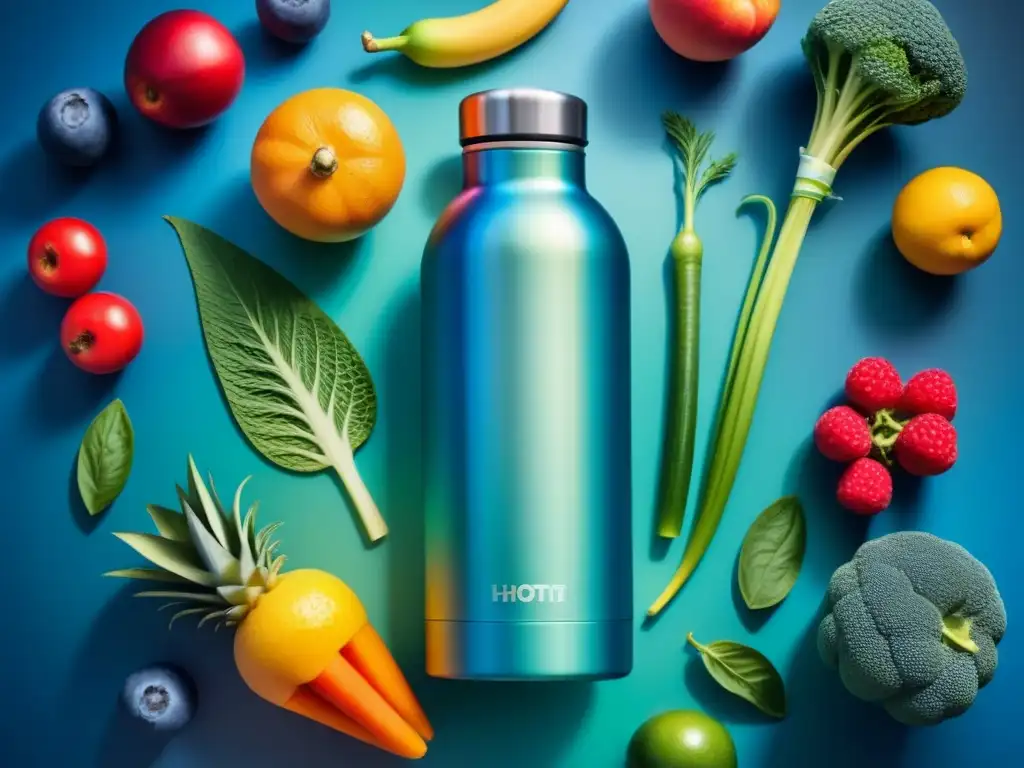 Botella de agua deportiva futurista con diseño ergonómico, repleta de frutas y verduras vibrantes
