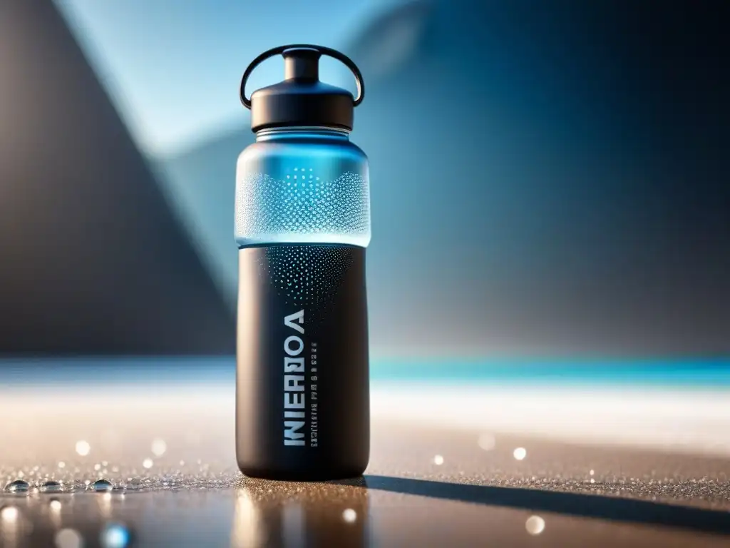 Una botella deportiva negra mate con logo de atleta, condensando gotas de agua, en un ambiente de gimnasio